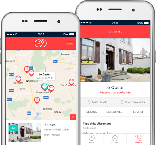 Deux smartphones avec l'aperçu d'une fiche d'un restaurant